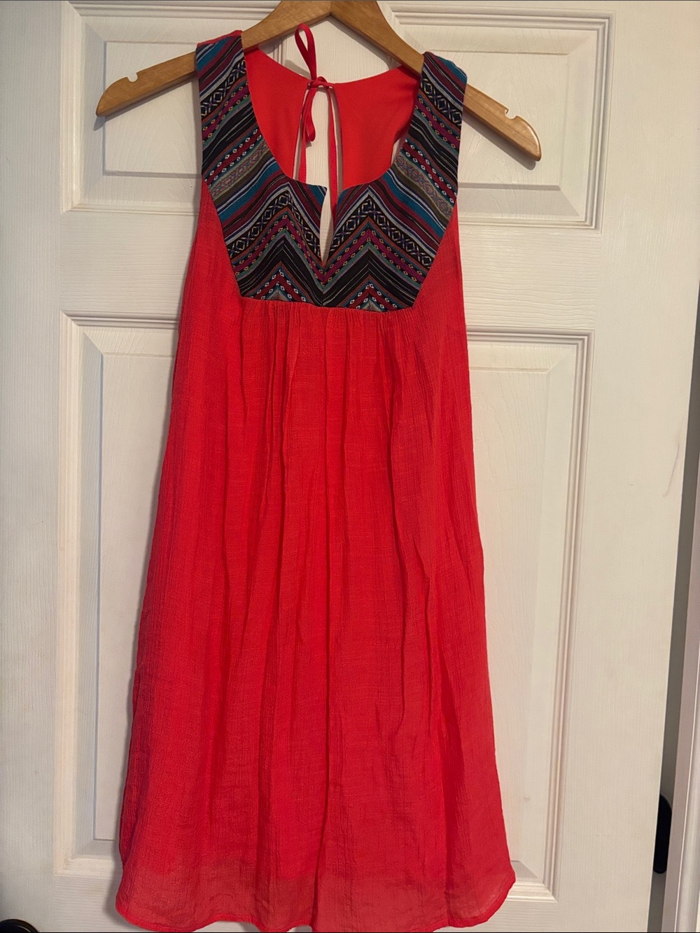 Red Camel Vibrant Red Mini Dress with Patterned Yoke